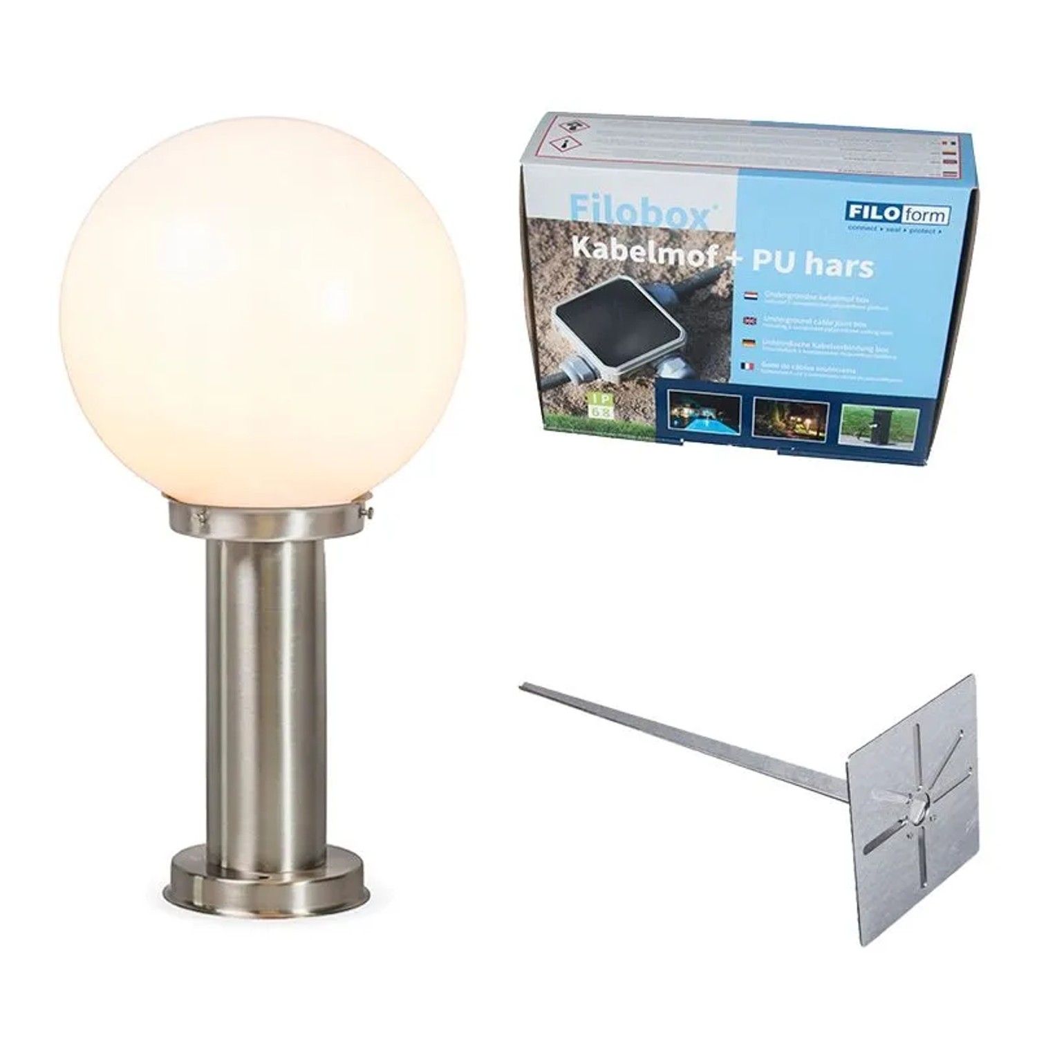 QAZQA Außenlampe Stahl Edelstahl 50 cm Sfera mit Erdungsstift und Kabelmuffe