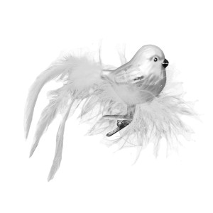 Silberner Krebs Glas Lauscha Vogel als Weihnachtsornament mit Federn, 6cm.