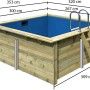 Karibu Holzpool Gr. 1 mit blauer Innenhülle und Leiter, Maße eingeblendet.
