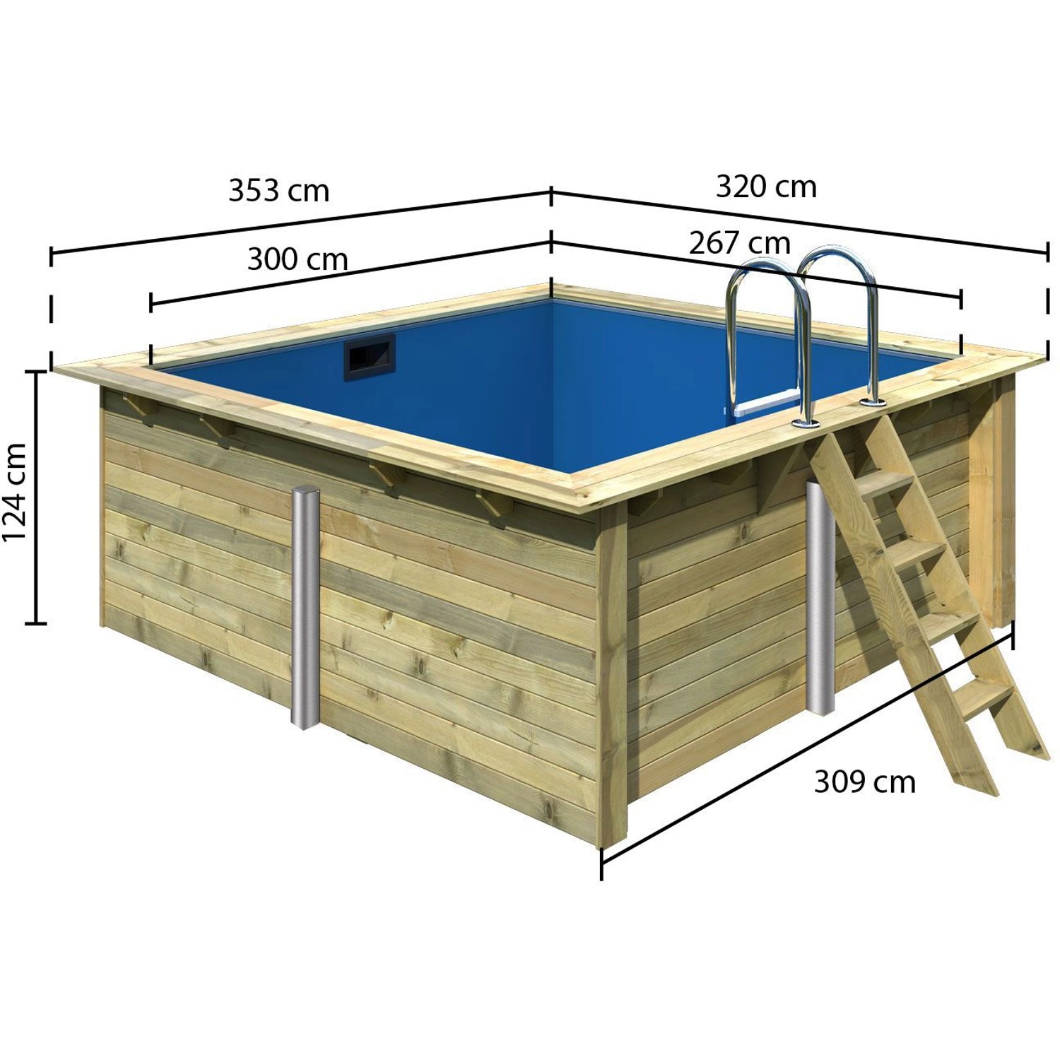 Karibu Holzpool Gr. 1 mit blauer Innenhülle und Leiter, Maße eingeblendet.