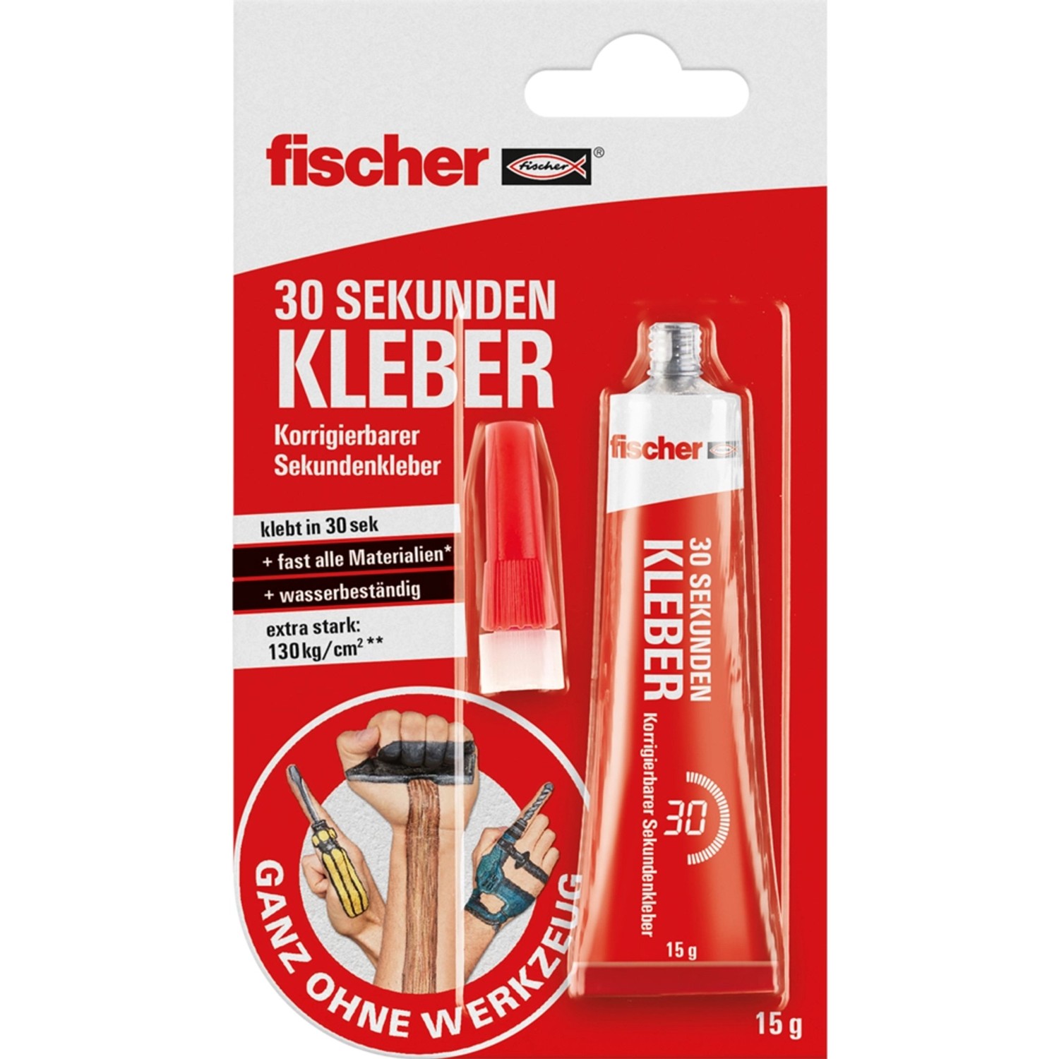 Fischer 30 Sekunden Kleber, 15g Tube, schnell trocknend und korrigierbar.