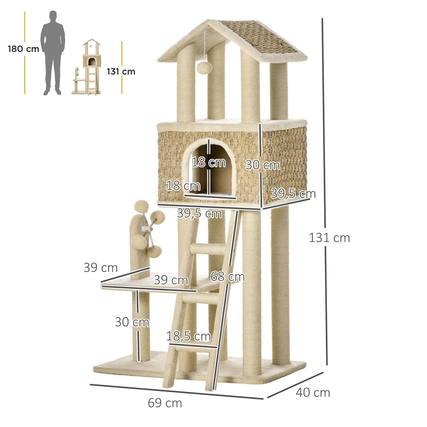 Beiger PawHut Kratzbaum, 130 cm hoch, mit Katzenhöhle, Spielbällen und Jutestämmen.
