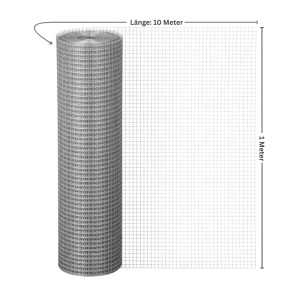 PROREGAL Maschendrahtzaun, 1x10m, verzinkt. Rolle und ausgerolltes Drahtgeflecht mit Maßangaben.