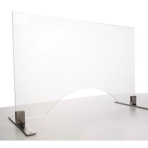 Hygiene-Schutzglas mit Durchreiche, Klarglas, 60x50 cm, auf Tisch montiert.