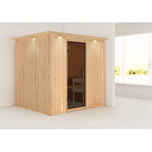 Karibu Sauna Dilja mit LED-Dachkranz aus Naturholz und Graphitglastür.