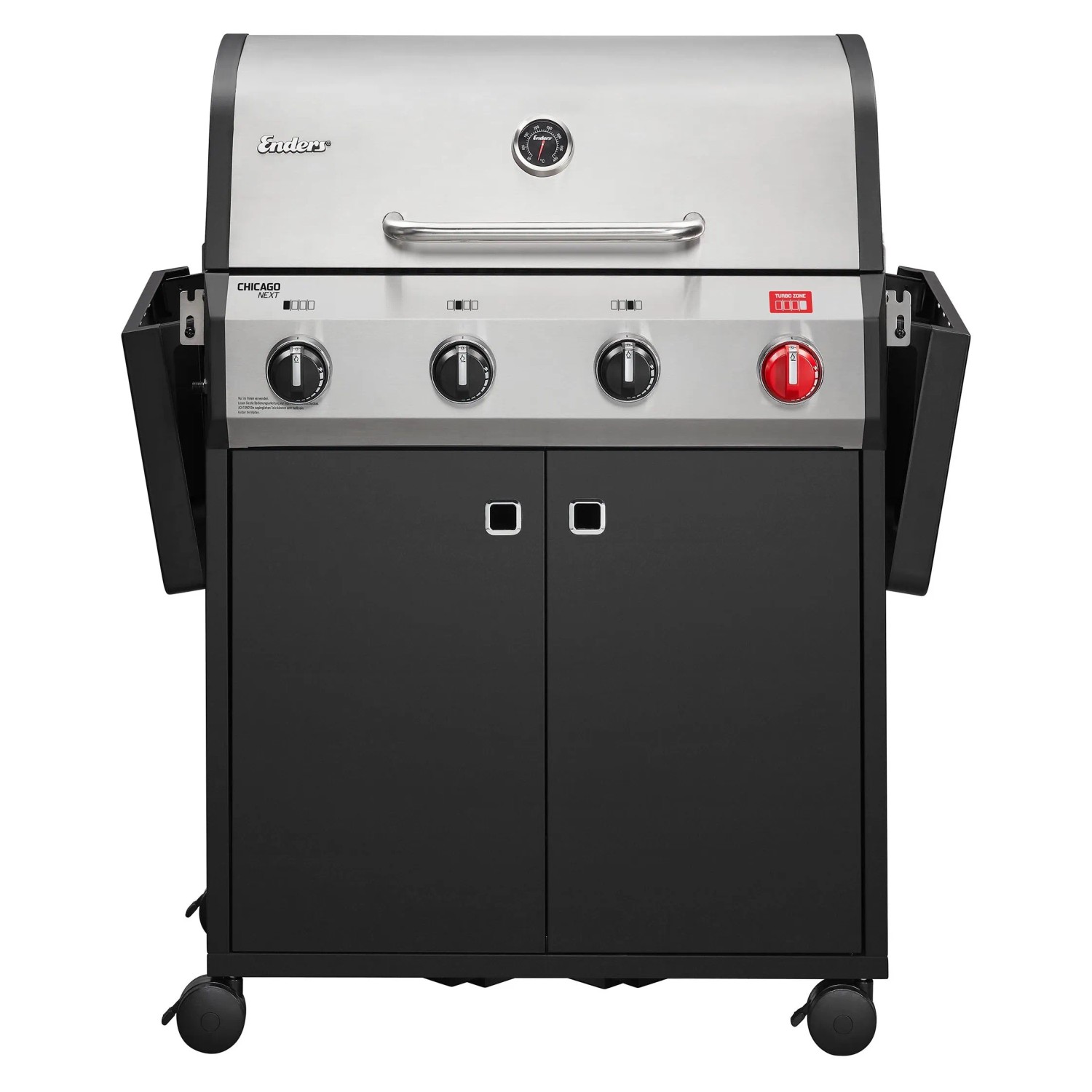 Enders Gasgrill Chicago Next 4 R Turbo mit Edelstahlhaube und abklappbaren Seitenablagen.