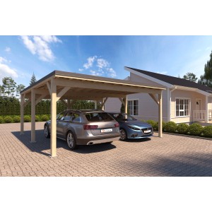 Holzbrüder Doppelcarport Ralf, naturbelassen mit dunkelgrauem Blechdach, für zwei PKW.