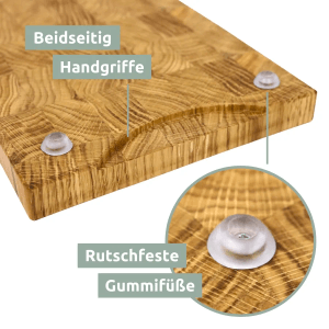 Holz4home Schneidebrett aus Eiche Stirnholz, mit Griffen und rutschfesten Füßen.