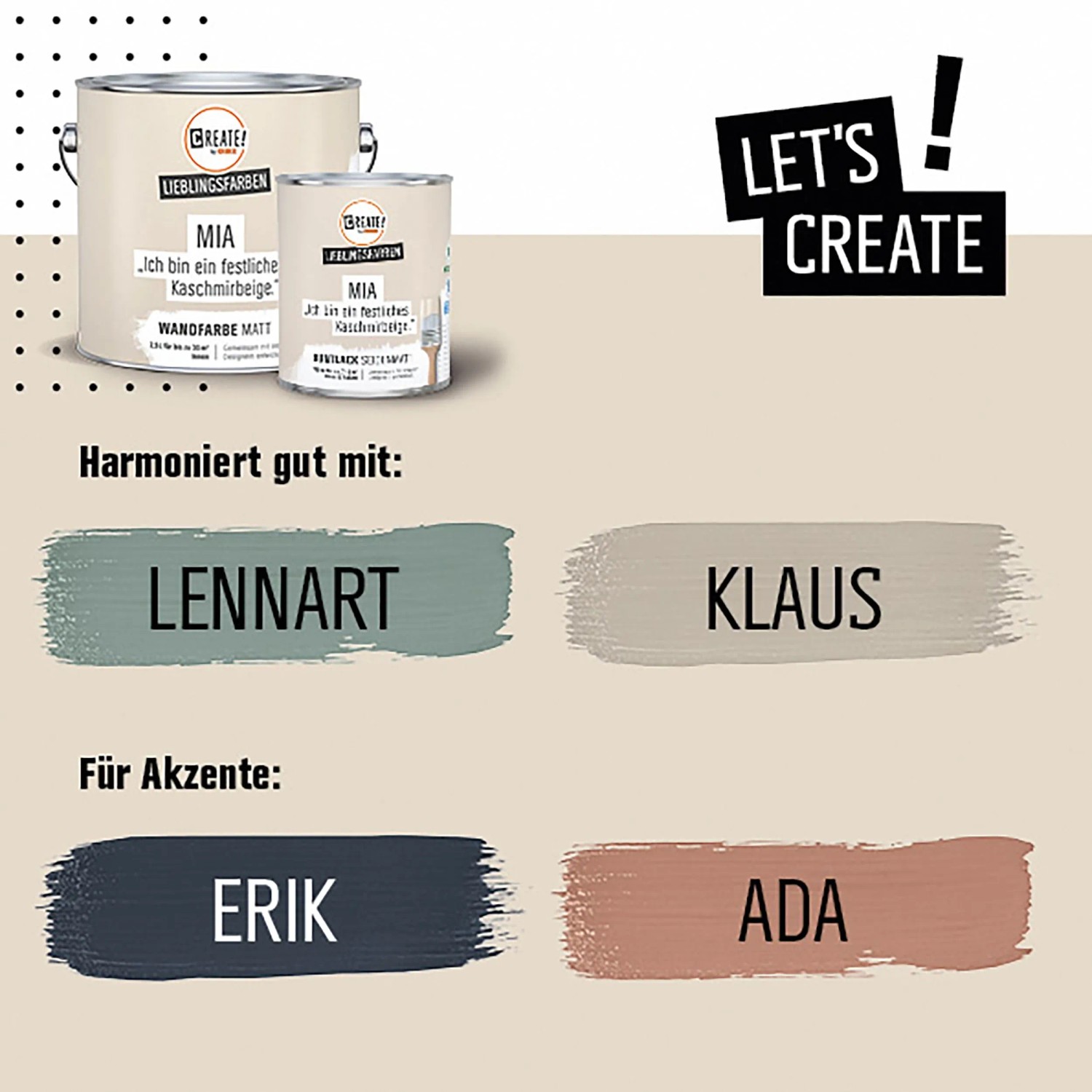 CREATE! by OBI Buntlack Mia Kaschmirbeige, seidenmatt, 0,75 l, mit Farbbeispielen für Kombinationen.