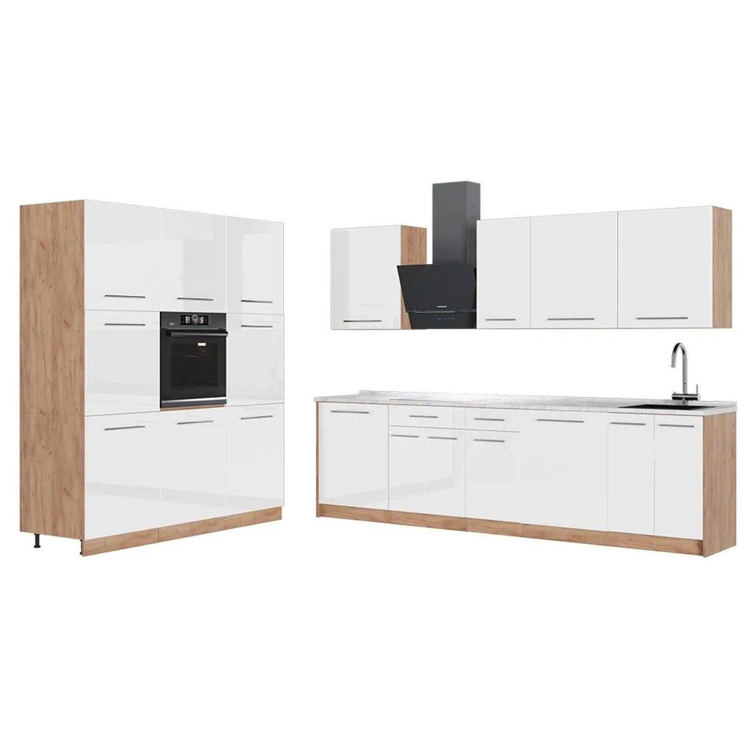 Vicco Küchenzeile Fame-Line Weiß Hochglanz/Goldkraft Eiche 460 x 207 AP Marmor Art Nr 63807