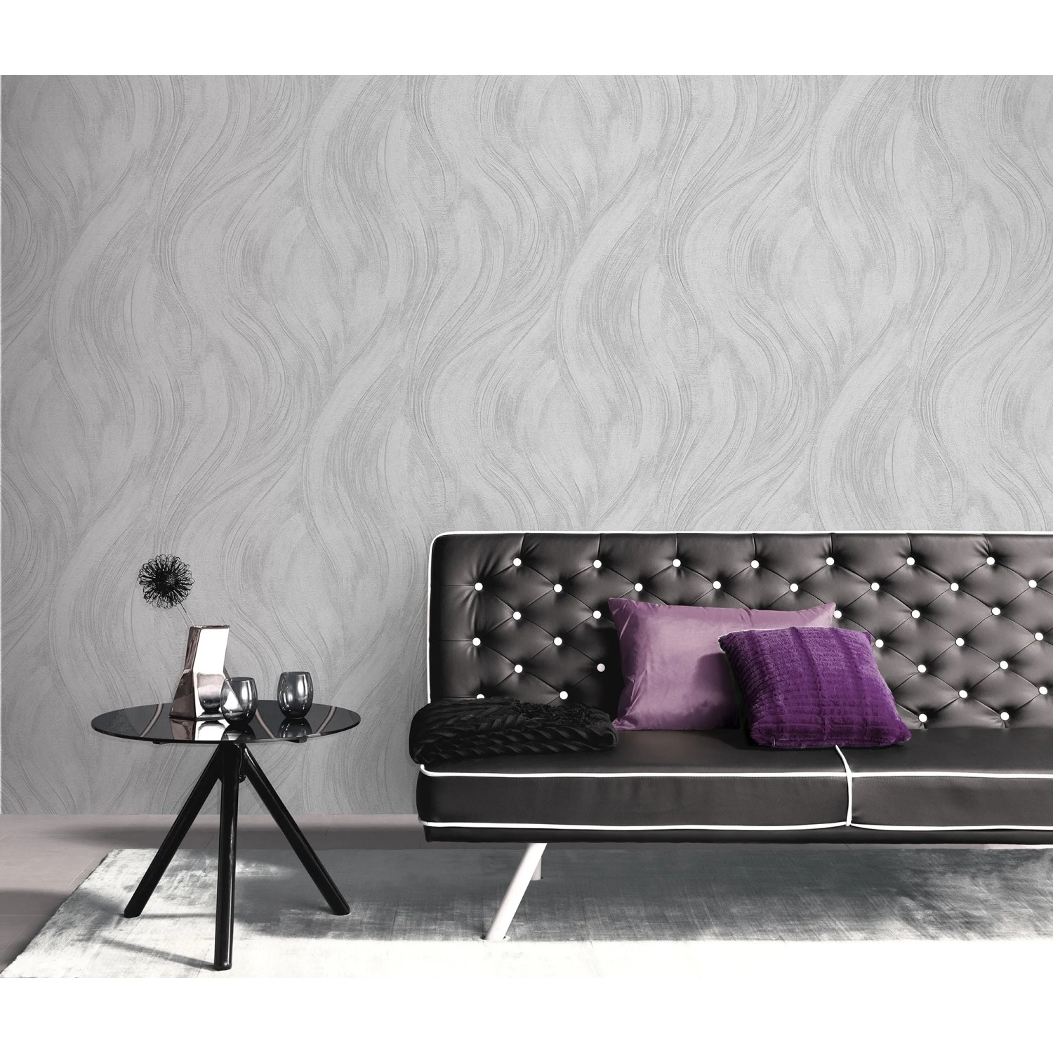 Helle Vliestapete mit modernem Wellendesign im Wohnraum. Erismann Opus Piano Tapete in Grau.