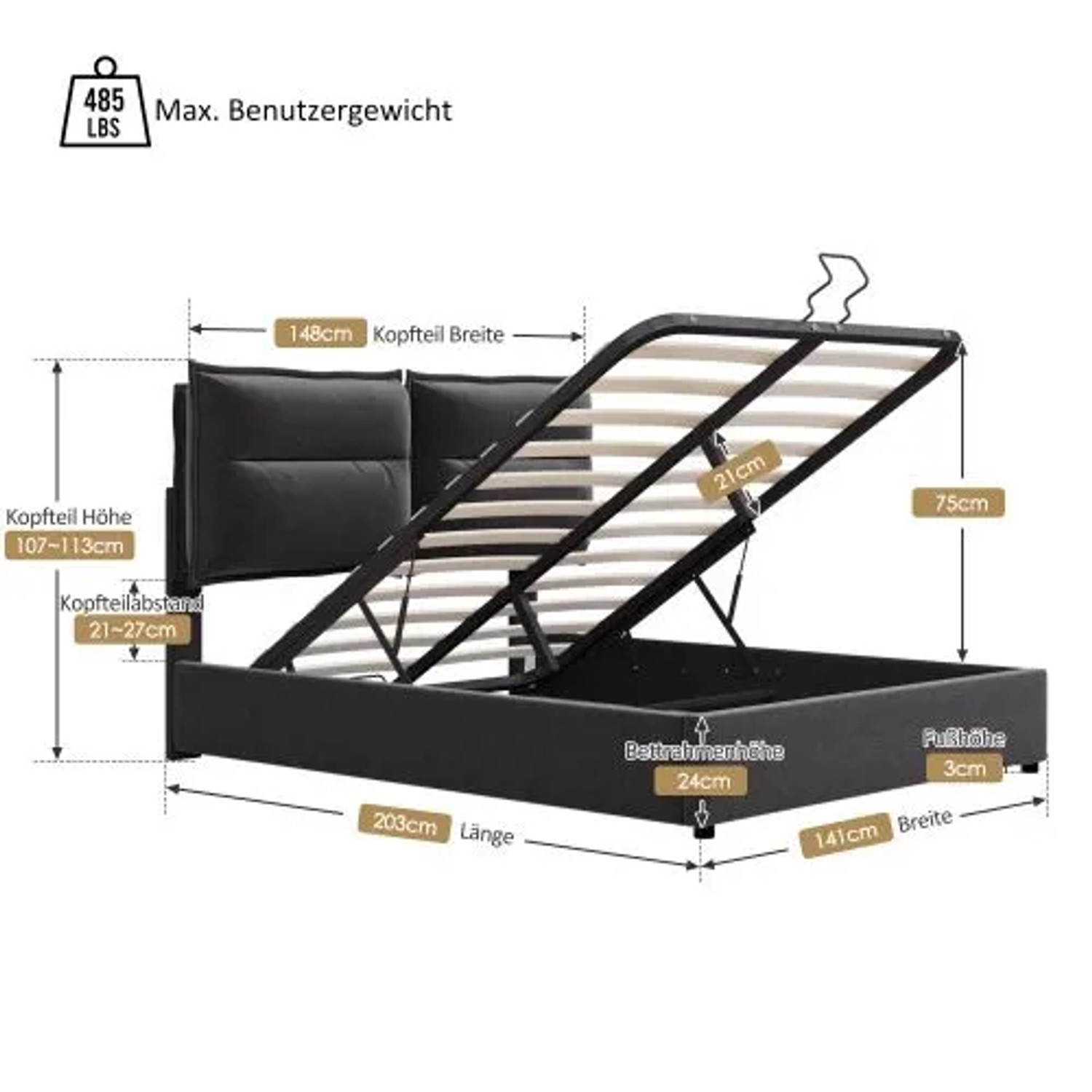 Schwarzes gepolstertes Doppelbett 140x200cm mit hydraulischem Stauraum, Metalllattenrost und Maßen. Samtbezug.
