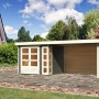 Karibu Holz-Gartenhaus Sölve, terragrau, mit Flachdach und Anbau. Lackiertes Gartenhaus mit Doppeltür.