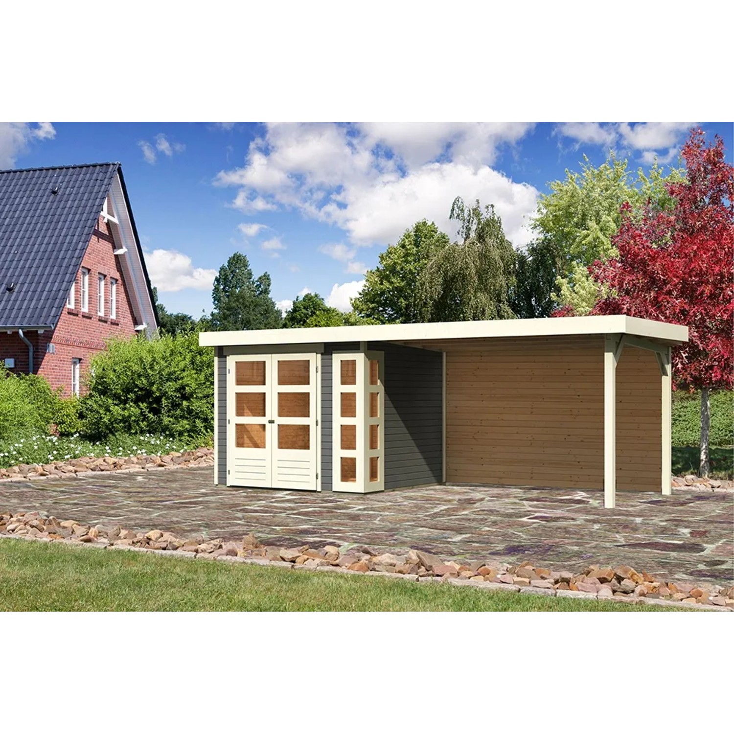 Karibu Holz-Gartenhaus Sölve, terragrau, mit Flachdach und Anbau. Lackiertes Gartenhaus mit Doppeltür.