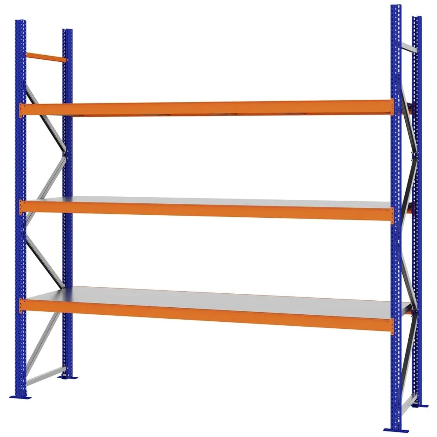 PROREGAL Weitspannregal Schraub-Stecksystem MAGNUS PRO Made In Germany Grundregal 250x250x60cm 3 Ebenen Stahlböden Fachlast 430kg Blau/Orange