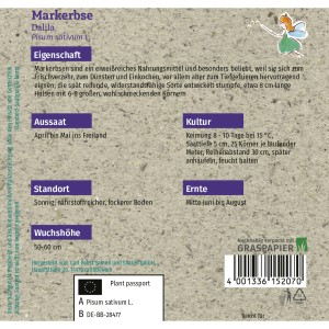 Saatguttüte Grüne Fee Markerbse Dalila, späte, niedrige Sorte für ca. 70 Pflanzen.