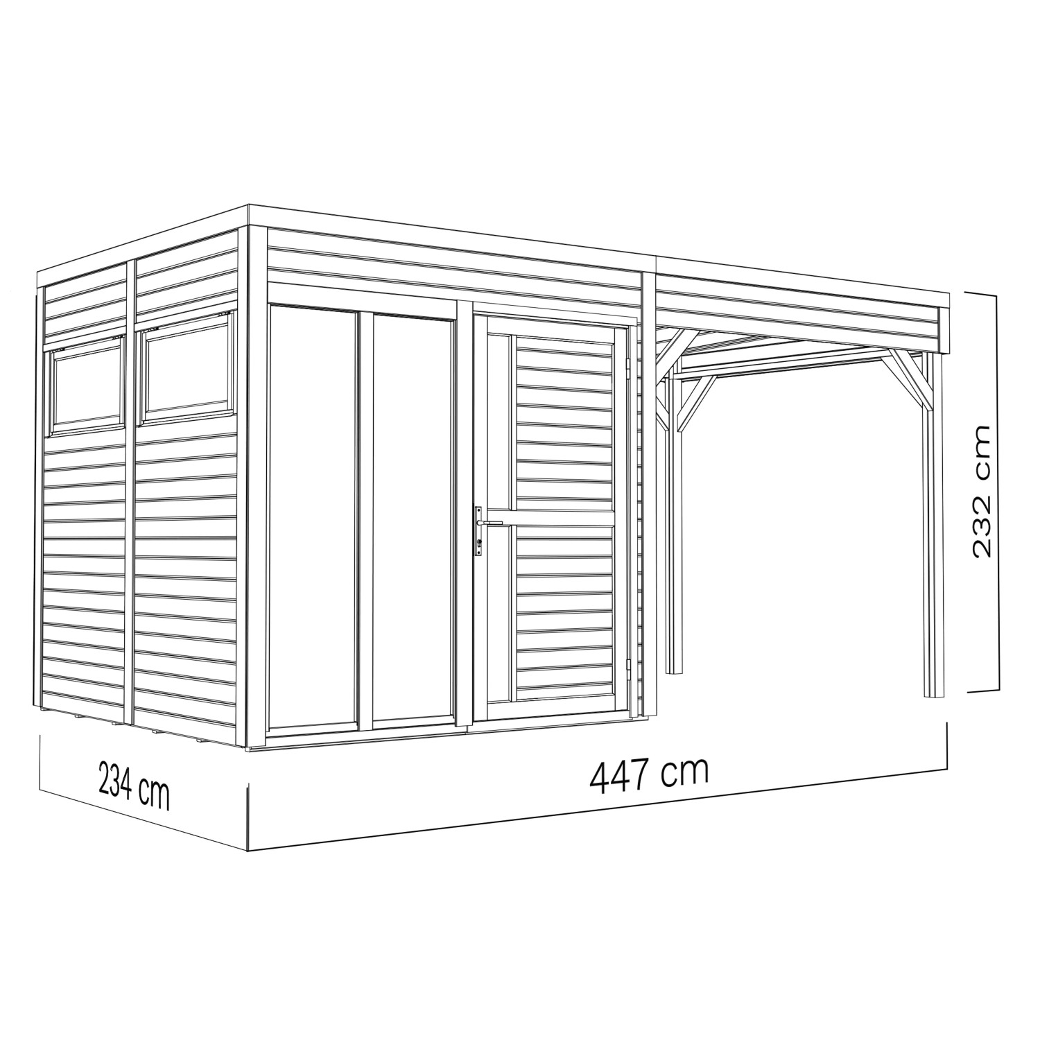 Skizze des Bertilo Elementgartenhaus Cubus 2 Office Lounge Natur, 447x234 cm, mit Maßen.