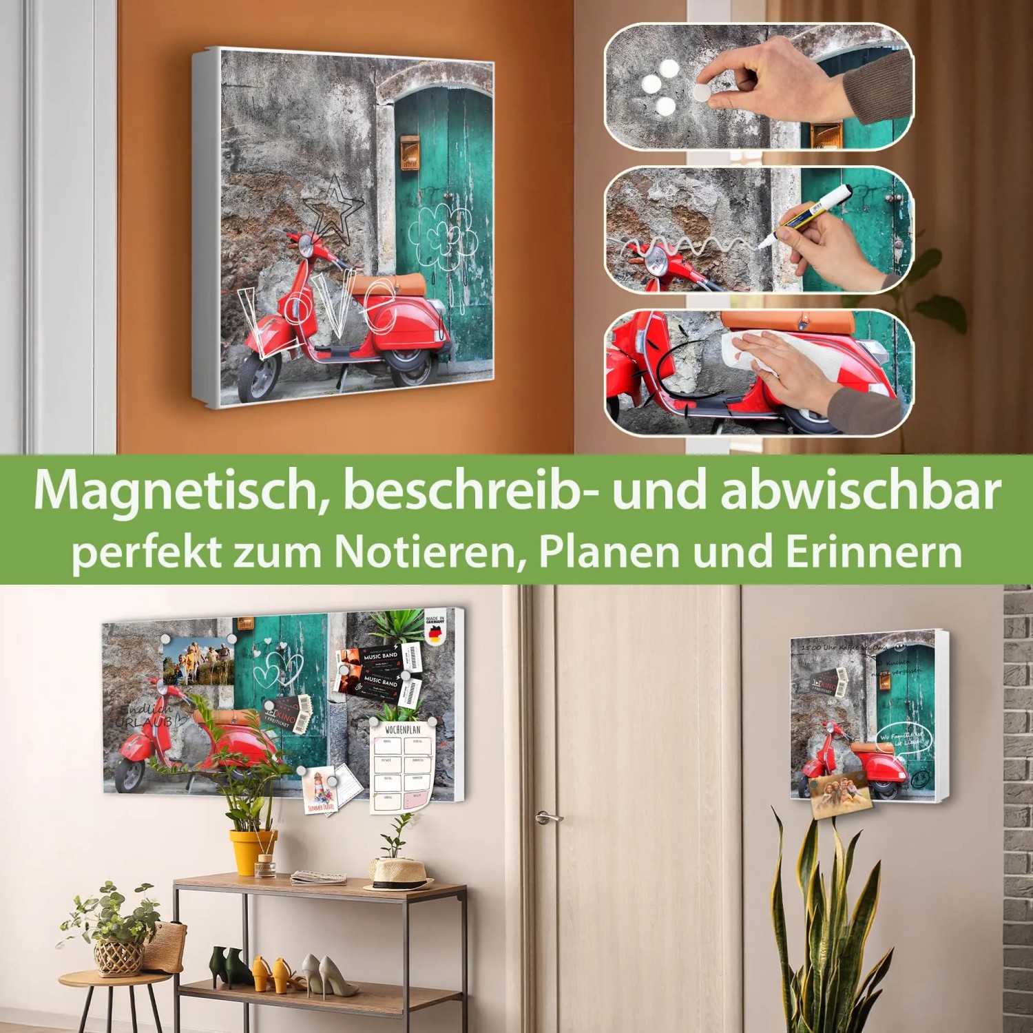 Banjado Großer Schlüsselkasten Metall 30x30cm Weiß Scharnier Links 50 Haken Beschreibbar Magnetisch Motiv Italienischer Roller