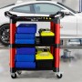 Bestückter Werkstattwagen mit 3 Etagen, Werkzeugtafeln und Haken. Tragkraft 150 kg.