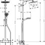 Hansgrohe Crometta Duschsystem mit Kopf- und Handbrause, Thermostat und Brausestange. Technische Zeichnung mit Maßen.