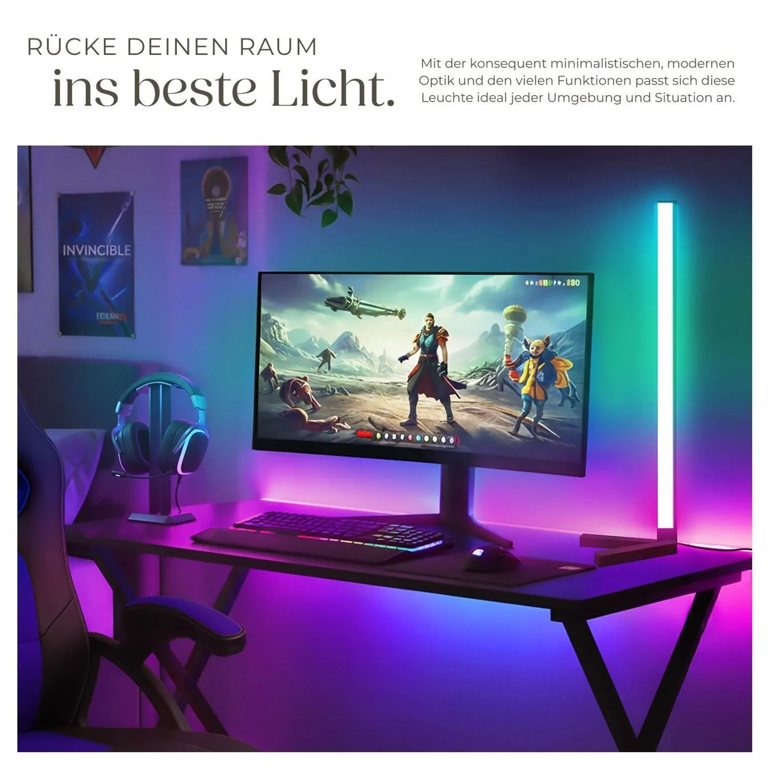 Schwarze Tectake LED Stehlampe Spectra mit Farbwechsel im Gaming-Zimmer.