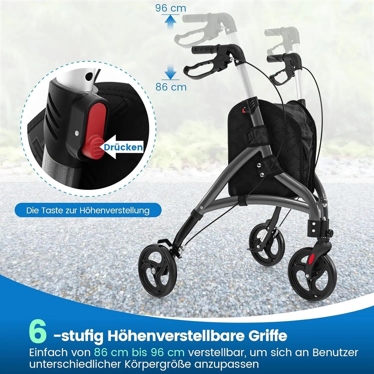 Costway Rollator, faltbare Gehhilfe mit 6-fach höhenverstellbaren Griffen und Tasche, grau.