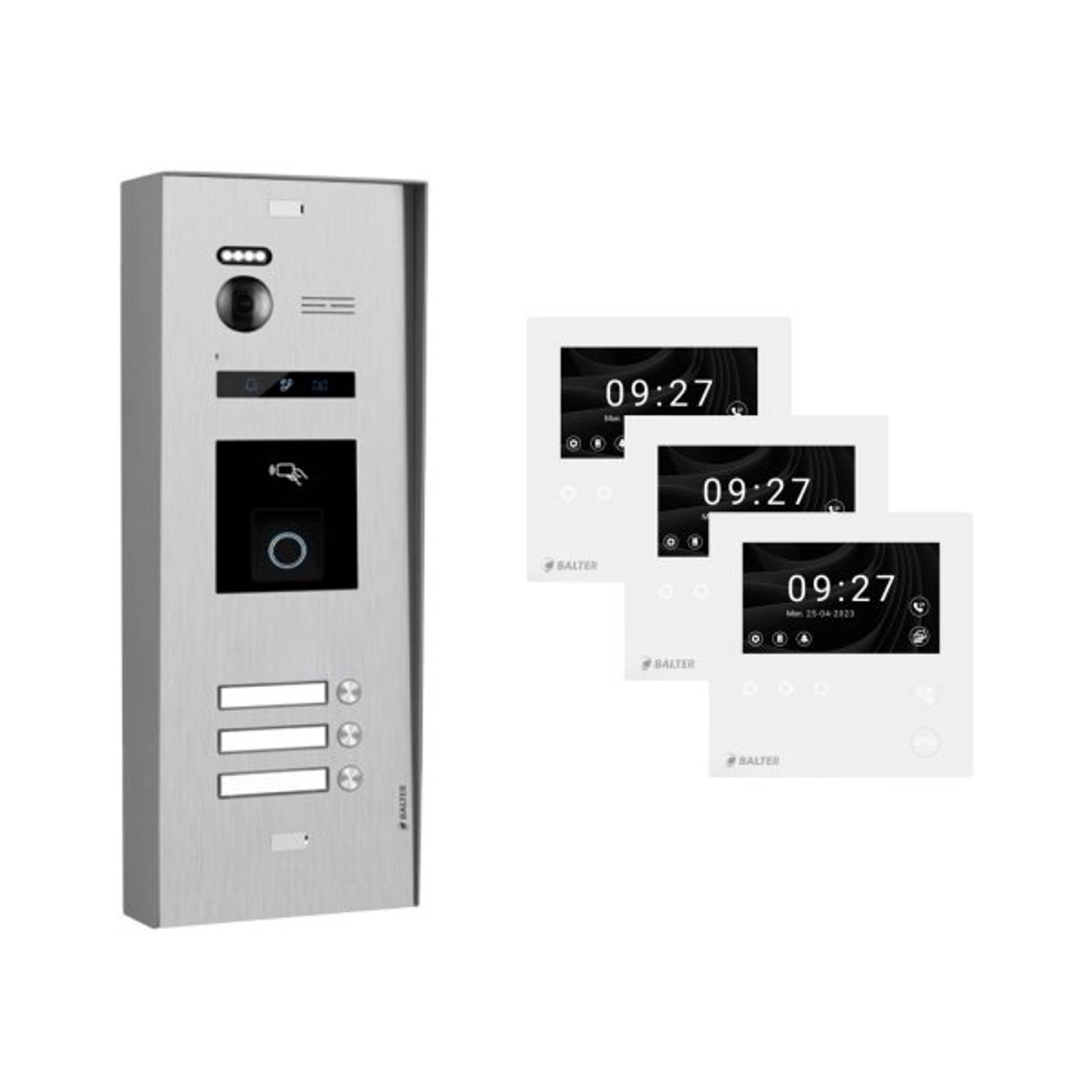 Balter Evo-HD-Mini Aufputz Video Türsprechanlage mit Fingerprint für 3-Familienhaus mit 3x 4,3 Zoll WiFi Monitor Silber
