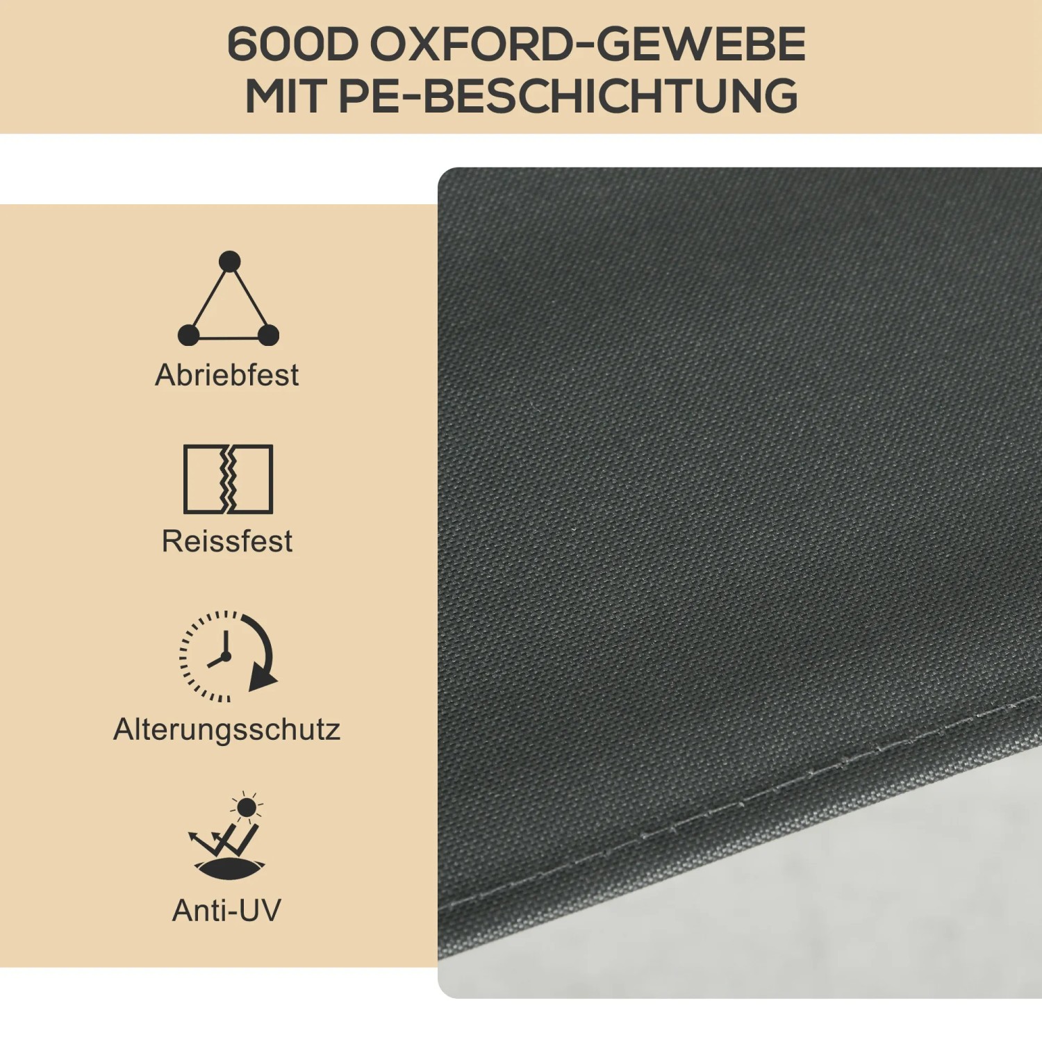 Detailaufnahme: Dunkelgrauer Outsunny Campingstuhl aus Oxfordstoff, robust, reißfest und UV-beständig.