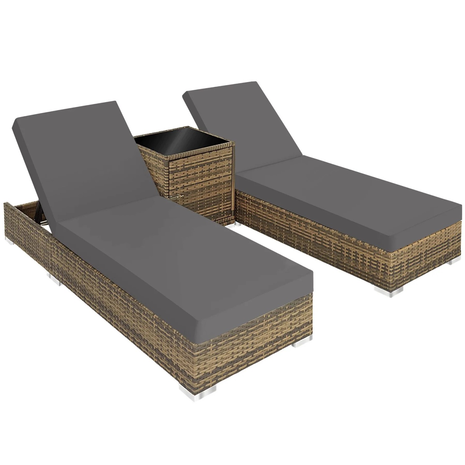 Tectake 2Er Set Aluminium Rattan Sonnenliegen  Wetterfest und Uv Beständig 5 Fach Verstellbare Rückenlehne  Dicke Des Polsters 7 5 cm  184 x 60 x 21 c