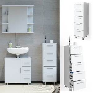 Weißer Vicco Badschrank Ilias (30x95 cm) mit 5 Schubladen für Badutensilien.