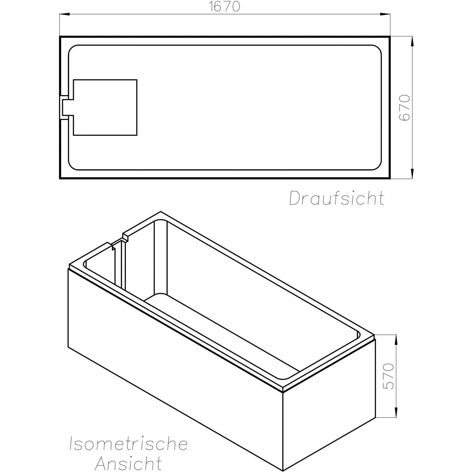 Skizze Ottofond Wannenträger Costa 170x70 cm, Draufsicht und isometrische Ansicht.