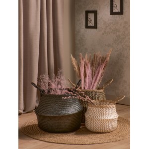 Drei geflochtene Aufbewahrungskörbe 'Minimalist Zen' in Schwarz, Naturtönen und unterschiedlichen Größen.