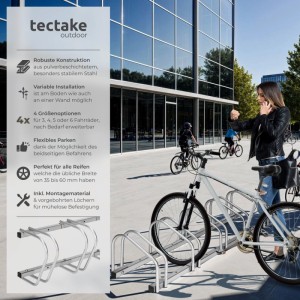 Tectake Fahrradständer aus Stahl für 5 Fahrräder, silberfarben, mit geparktem Fahrrad und Person.