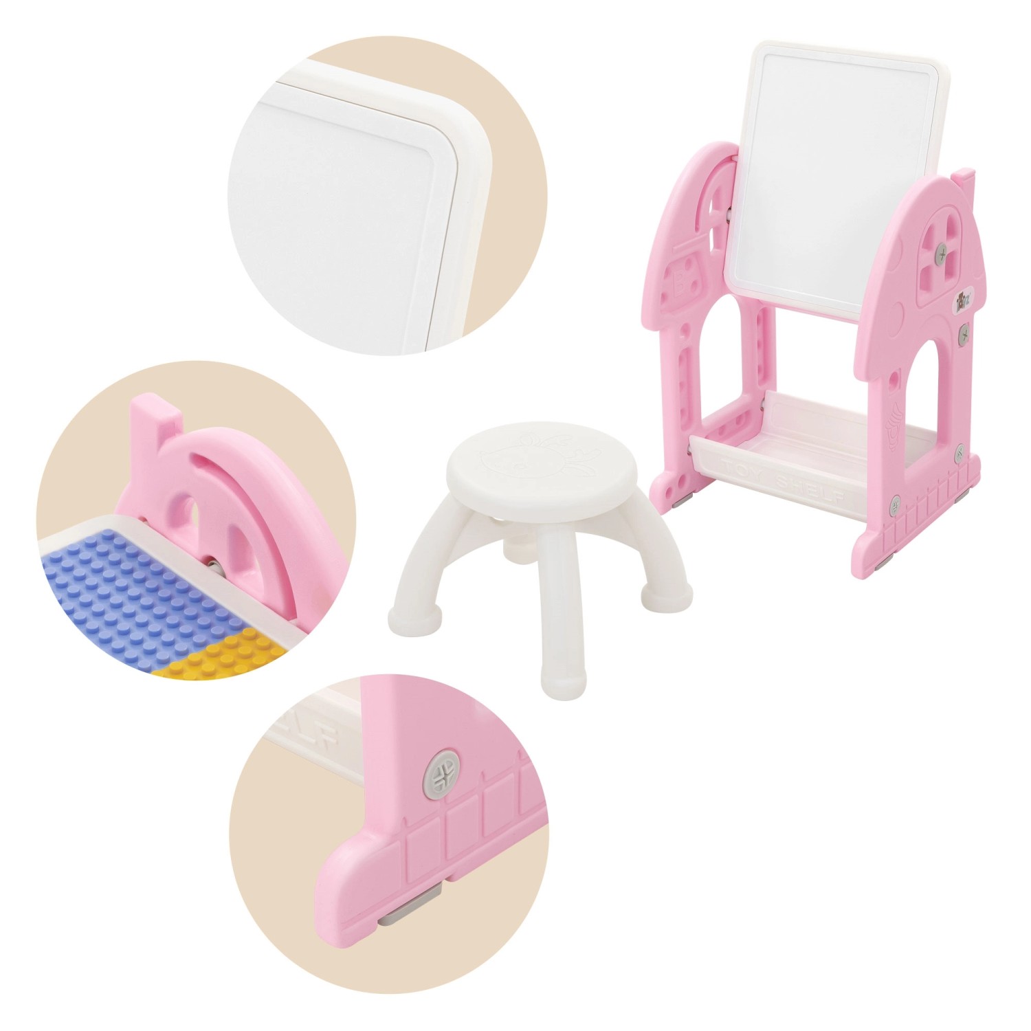 Joyz 2in1 Tafel-Spieltisch mit Hocker, rosa-weiß. Kindertisch mit Maltafel und Bauplattenfunktion.
