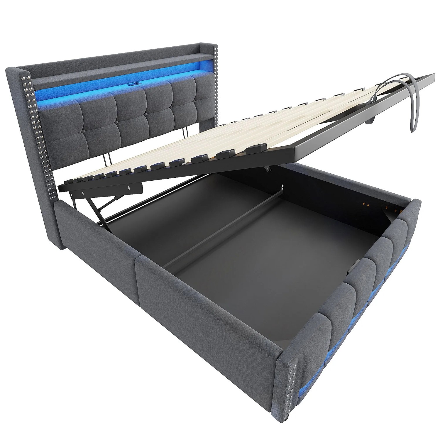 Merax Polsterbett 140x200cm LED USB Hydraulik Leinen Grau