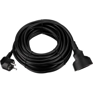 Schwarzes REV Ritter Verlängerungskabel, 10 m, mit Schutzkontaktstecker und -kupplung.