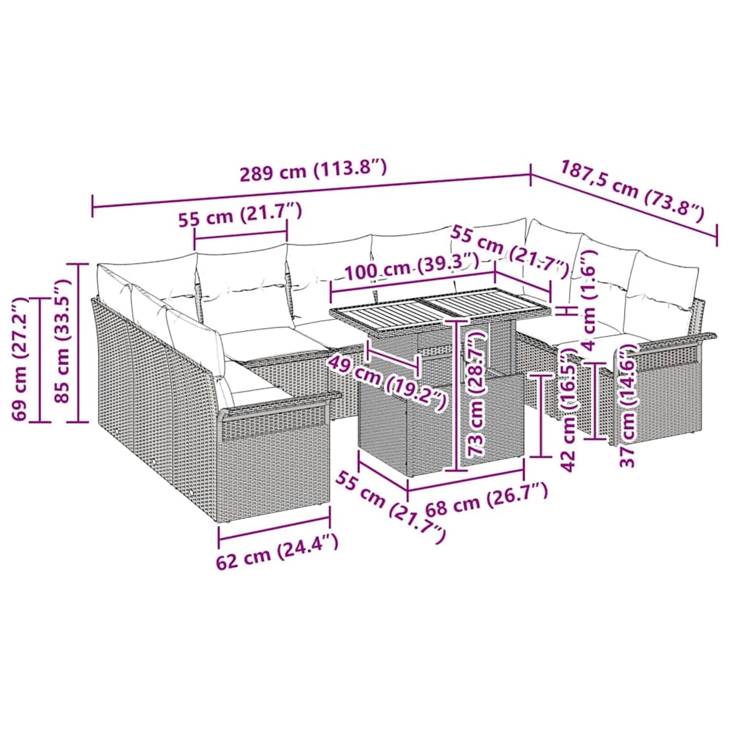 Schwarzes 10-teiliges Garten-Sofa-Set aus Polyrattan mit Tisch und Maßen.