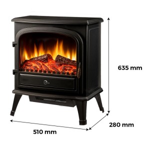 Schwarzer Sannover Tamos Elektrokamin 2000 W mit realistischer Flamme und Holzscheiten. Eleganter Elektroofen.