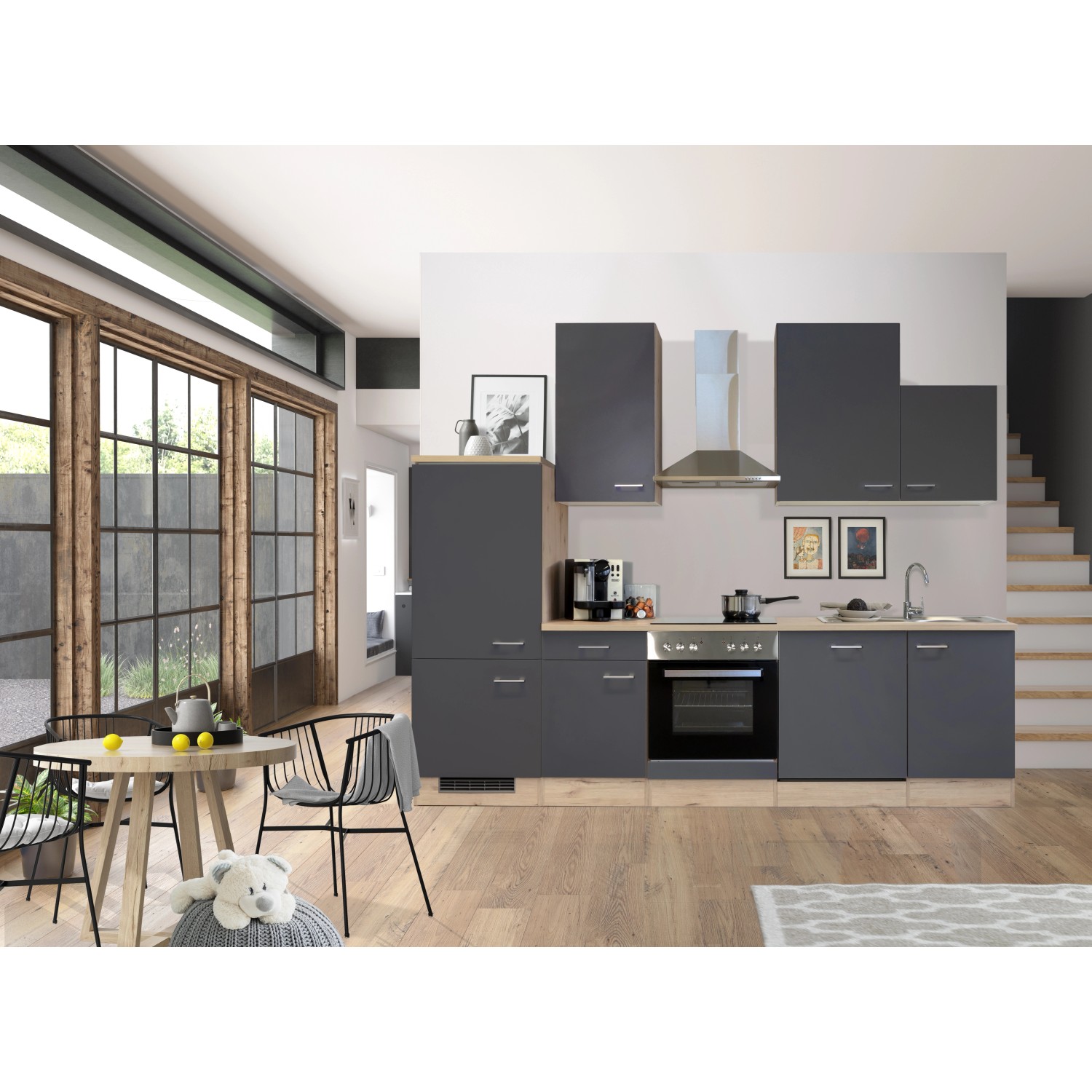 Moderne Einbauküche Morena in Basaltgrau matt und San Remo Eiche hell, mit E-Geräten.