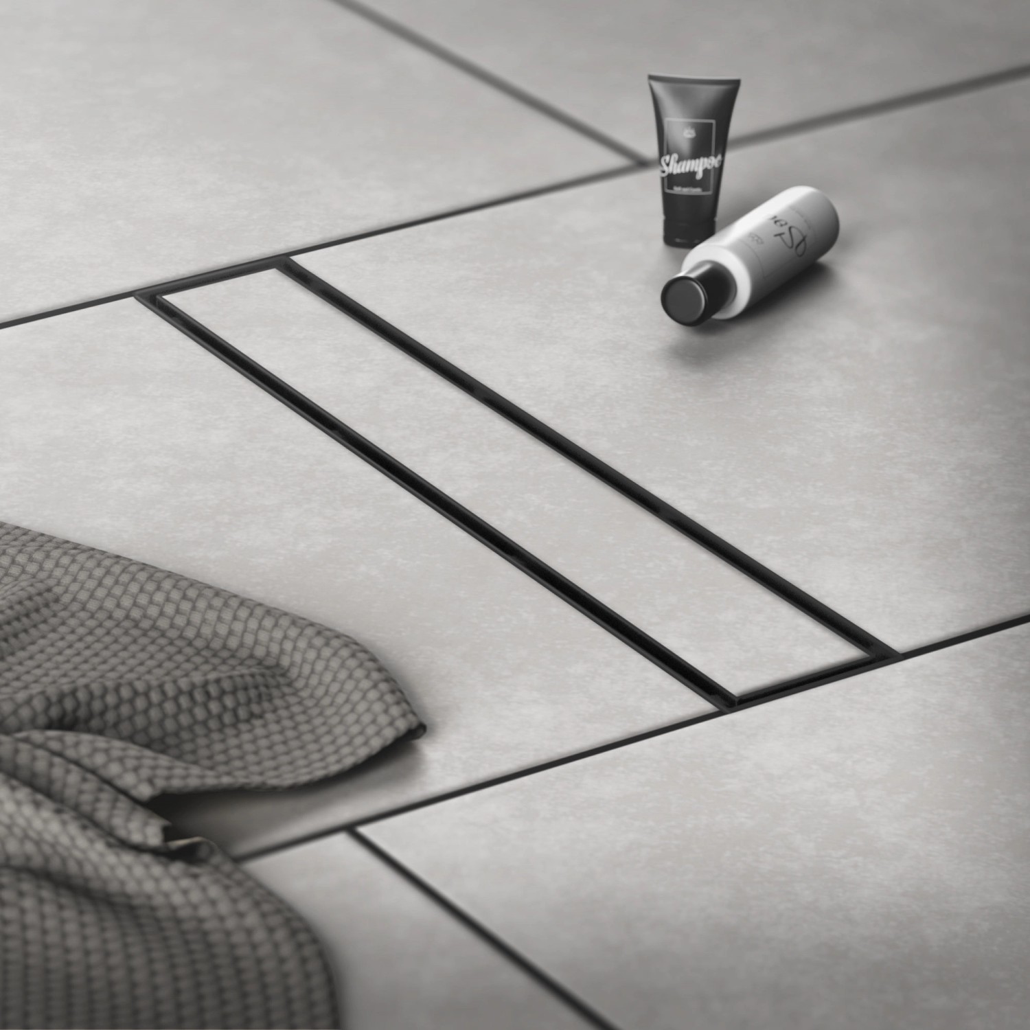 Schwarze LuxeBath Duschrinne 100cm befliesbar, extra flach im modernen Bad.