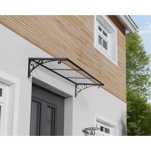Graues Palram Canopia Vordach Venus 88x136 cm über einer Haustür.