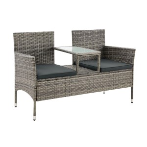 Grau melierte Polyrattan Gartenmöbel Sitzgruppe Monaco mit Tisch und dunkelgrauen Bezügen.