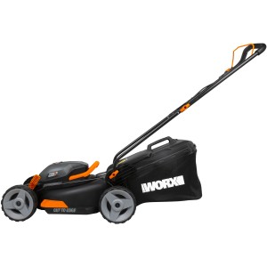 Worx Akku-Rasenmäher WG743E mit 40 cm Schnittbreite und Grasfangkorb.