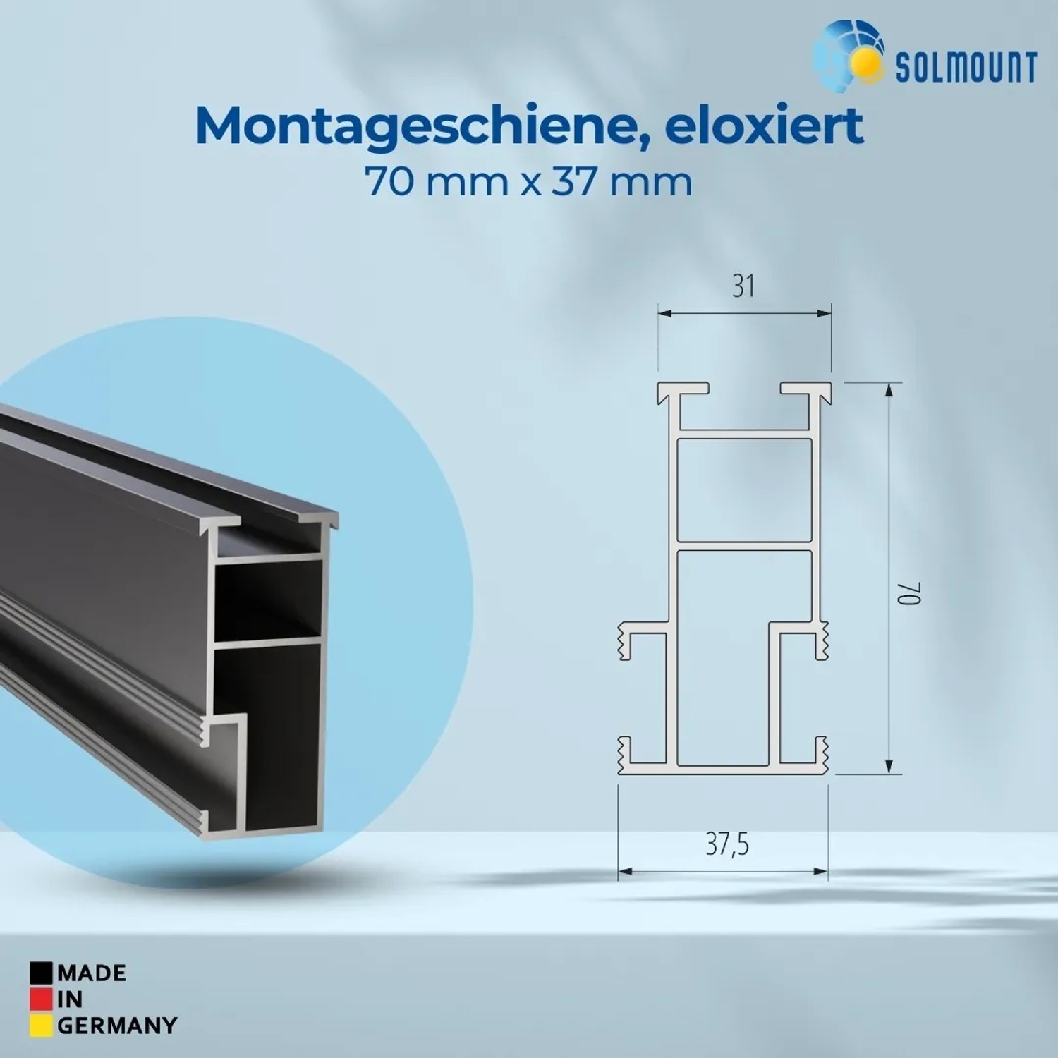 SolMount Montageschiene, 70x37 mm, 3650 mm, schwarz eloxiert, für Solaranlagen.