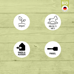 Piktogramme der Ultra Nature BIO Deckfarbe: Vegan, DIN EN 71, Innen & Außen, Pinsel.
