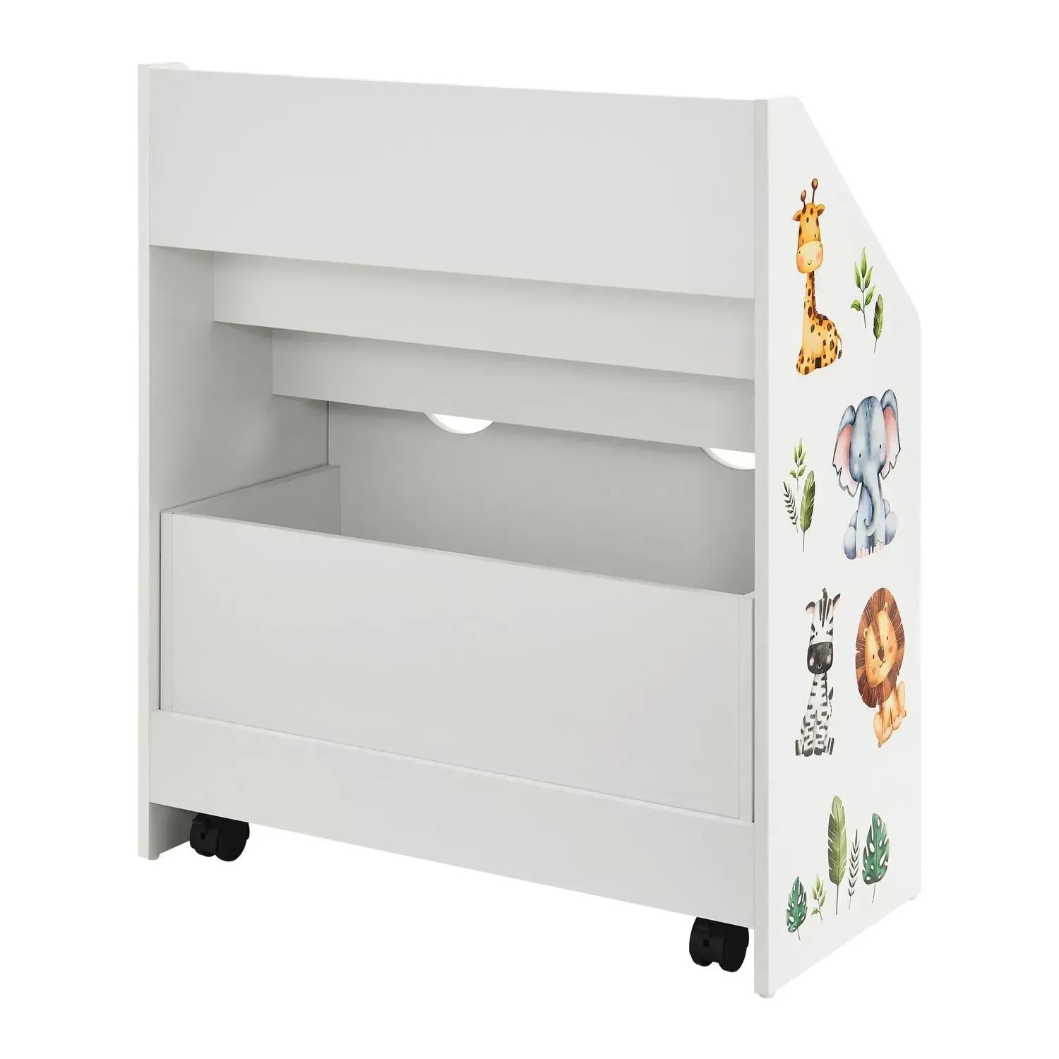 Weißes Juskys Kinder Bücherregal mit 3 Fächern, Spielzeugkiste und Tierstickern.