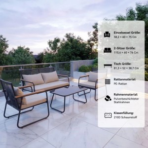 HOMAVO Gartenlounge Set für 4 Personen mit Couchtisch, Rattansessel und Sofa.