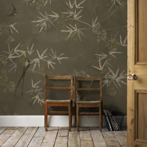 Art for the Home Fototapete Birds: Wandgestaltung mit Vogel- und Pflanzenmotiven in Grün- und Beigetönen.