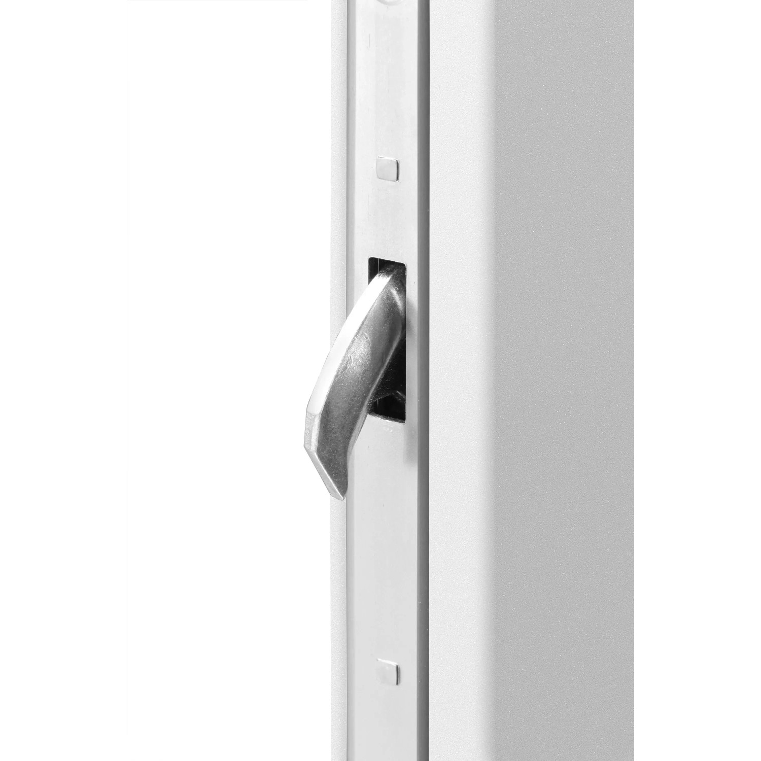Detailaufnahme: Weißer Türrahmen der Haustür Thermospace Oslo Prime mit silbernem Griff.