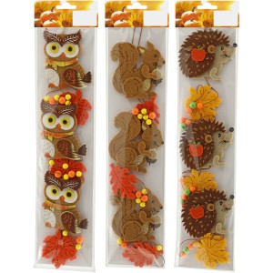 Girlande mit Tiermotiven (Eule, Eichhörnchen, Igel) aus Filz, 120 cm, bunte Herbstdekoration.